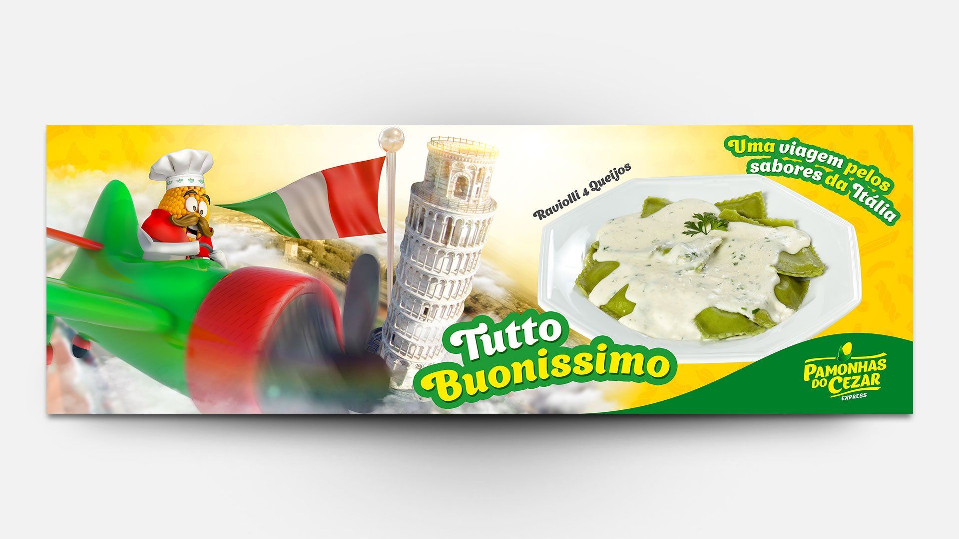 Pacote de macarrão Tutto Buonissimo com uma bandeira italiana, a Torre de Pisa e um chef de desenho animado em um avião.