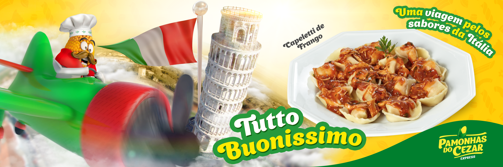 Um anúncio de comida italiana mostra um chef em um avião, uma bandeira italiana, a Torre de Pisa, um prato de massa e as palavras