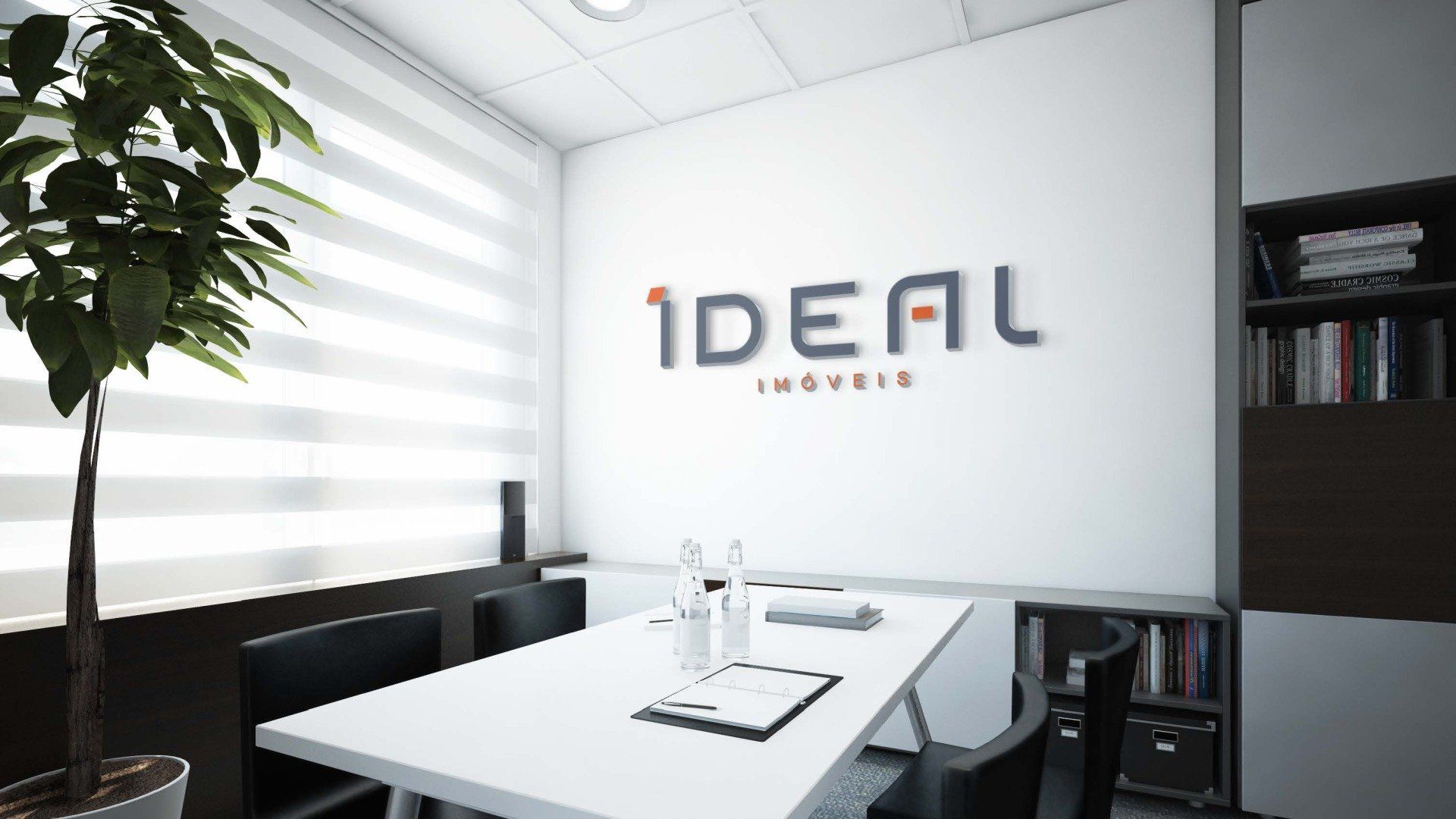 Uma sala de reuniões com mesa e cadeiras e o logotipo ideal na parede