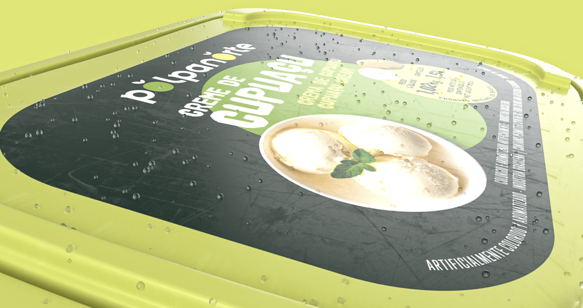 Um recipiente de sorvete tem a imagem de uma tigela no rótulo