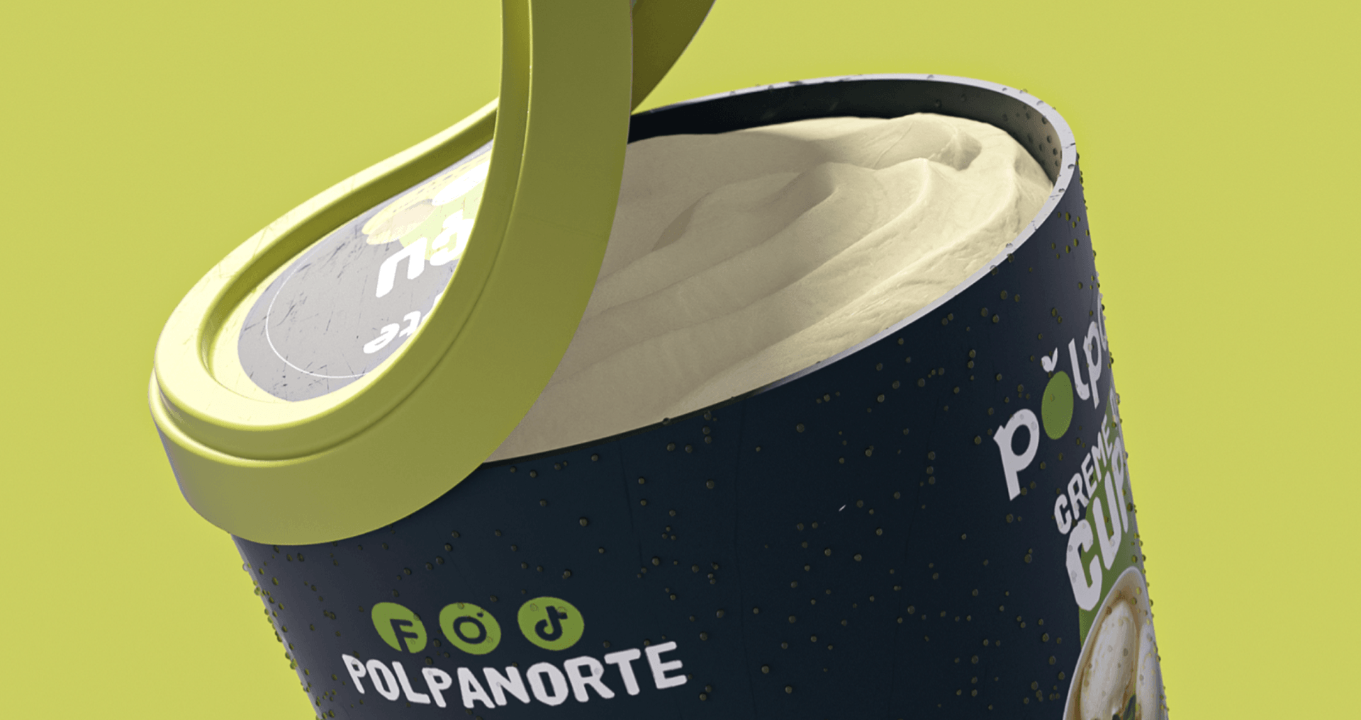 Uma lata de sorvete polpanorte com a tampa aberta