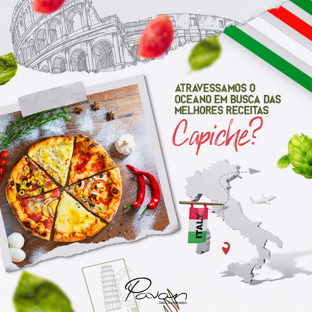 Uma pizza está sobre uma mesa ao lado de um mapa da Itália