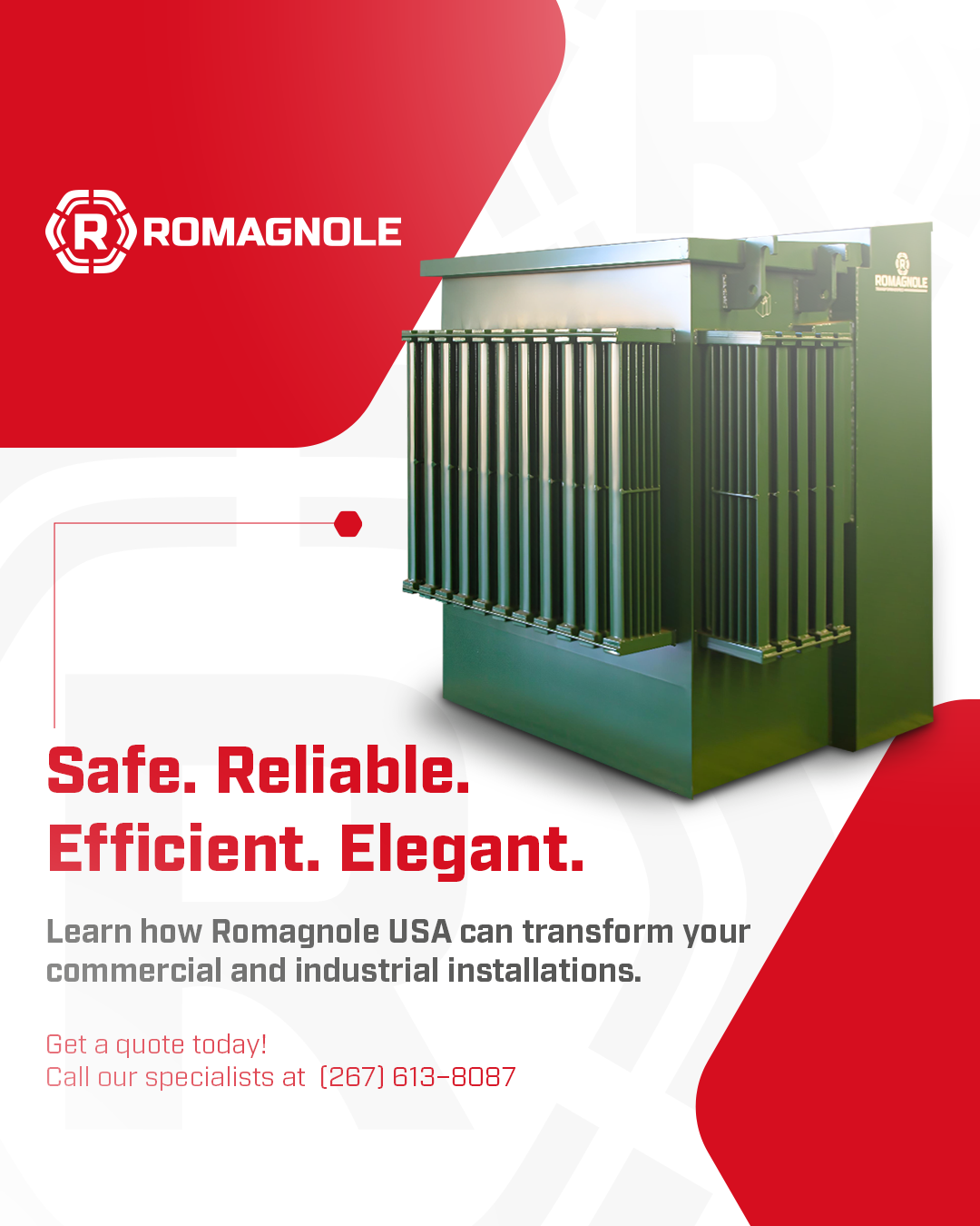 Um anúncio dos transformadores Romagnole USA, apresentando um transformador verde sobre um fundo branco e vermelho. O texto diz:
