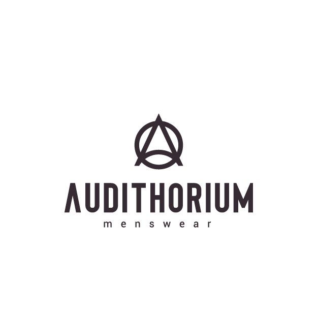 O logotipo da linha masculina Auditorium é preto e branco.