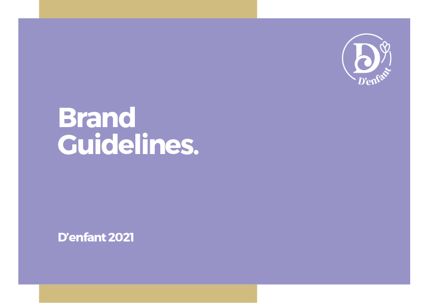 Capa com as diretrizes da marca, fundo lilás, detalhes dourados e o logotipo da D'enfant. O texto diz
