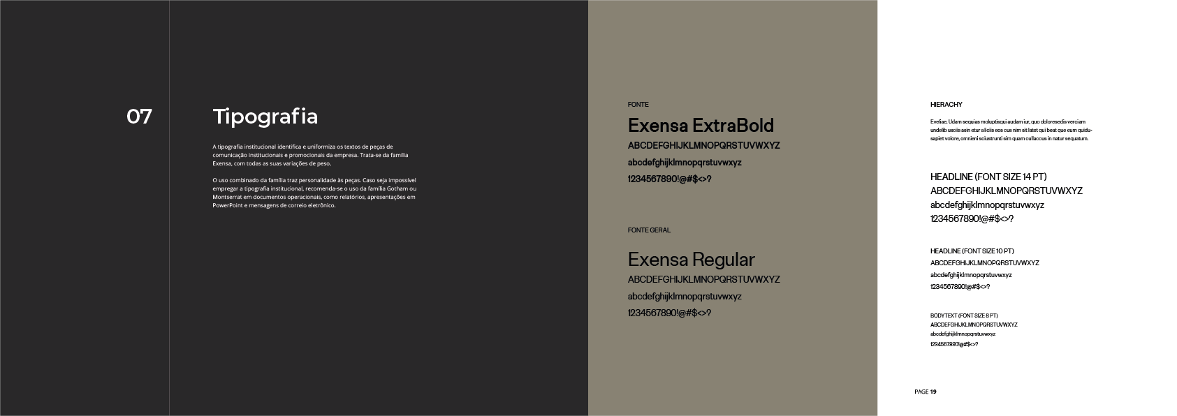 Layout mostrando exemplos de tipografia com texto em fundos escuros e claros.