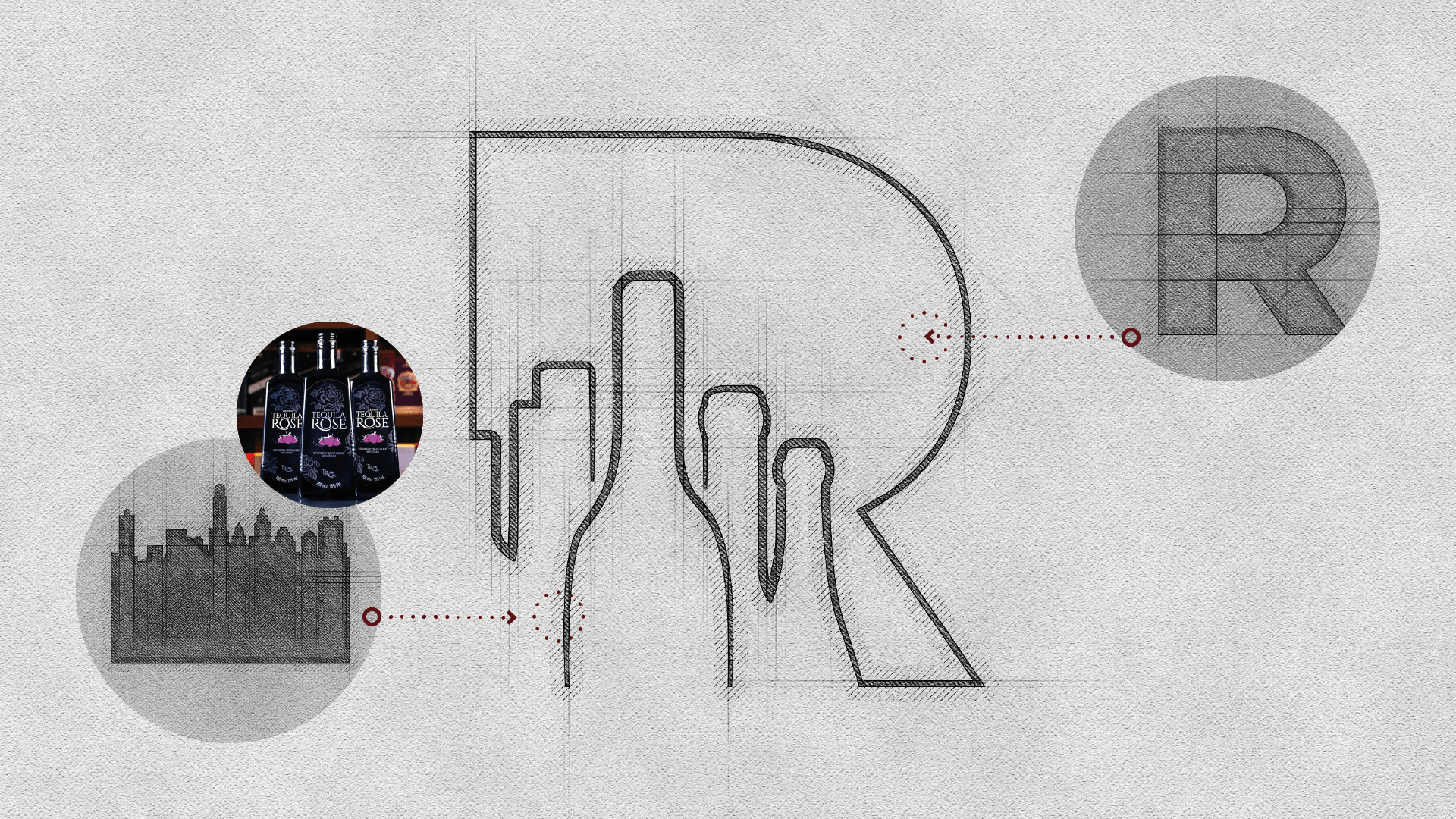 Um desenho de uma letra r com uma cidade ao fundo.