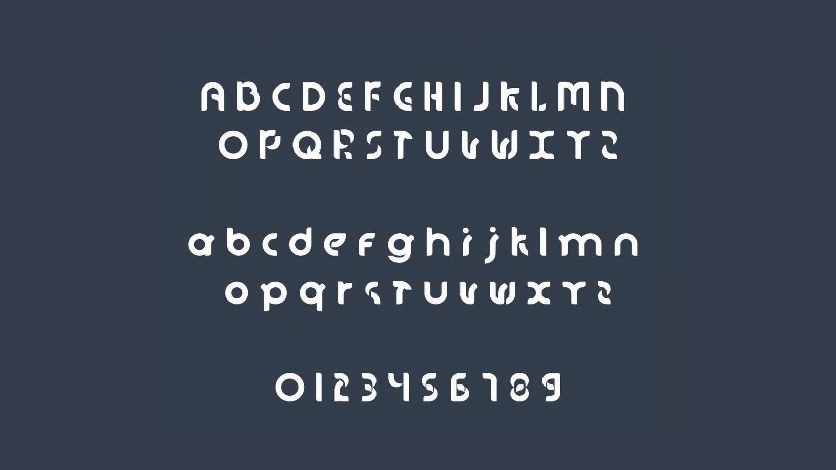 Fonte sem serifa maiúscula e minúscula com seções recortadas, mostrando letras de A a Z e números de 0 a 9 em um fundo escuro.
