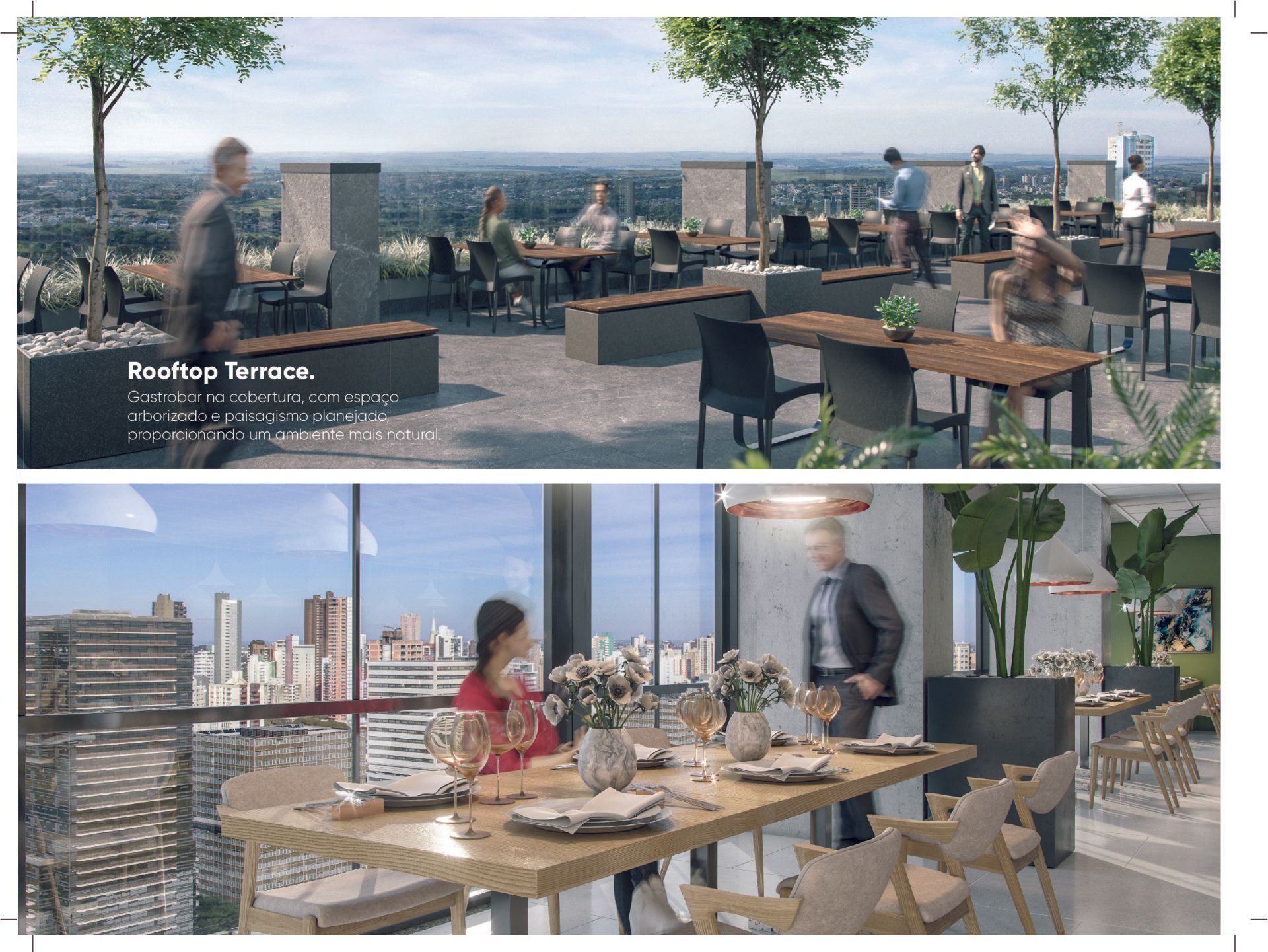 Impressão artística de um terraço com pessoas sentadas em mesas.
