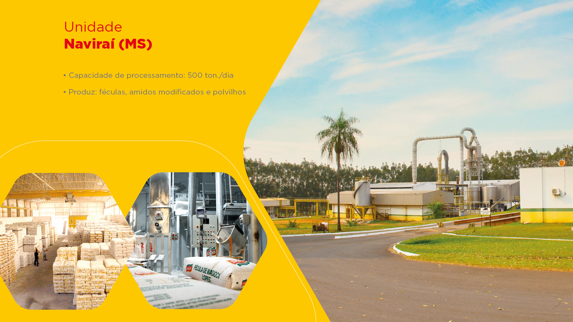 Há uma foto de uma fábrica e uma foto de um armazém.