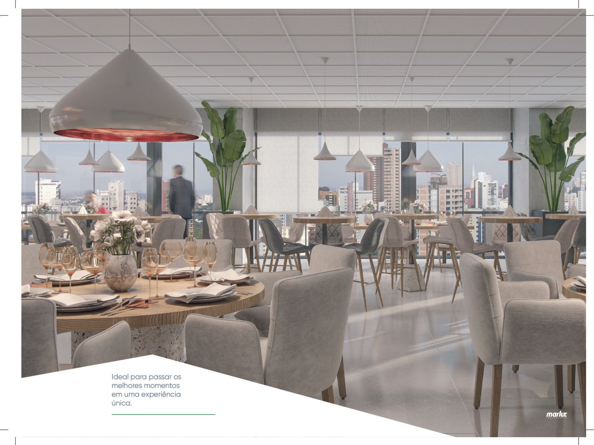 Impressão artística de um restaurante com mesas e cadeiras.