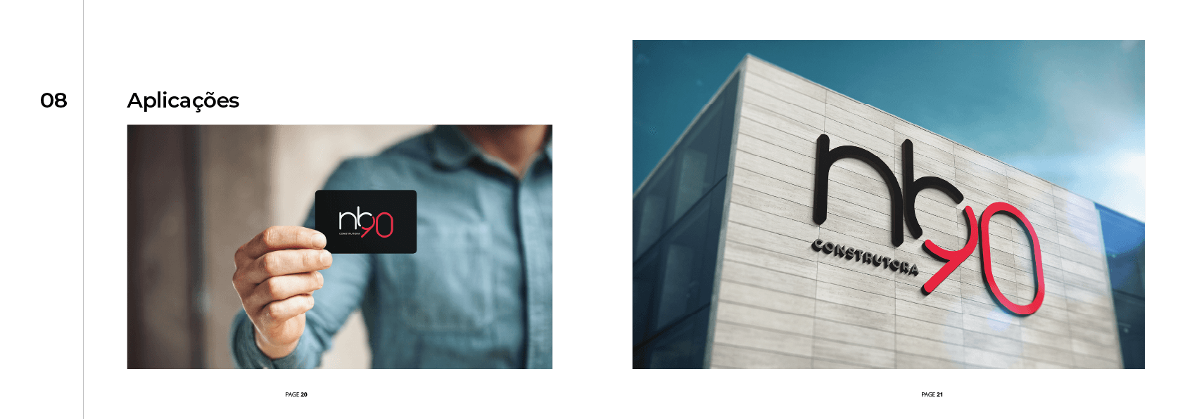 Uma pessoa segurando um cartão de visita preto e um close de um prédio com o logotipo