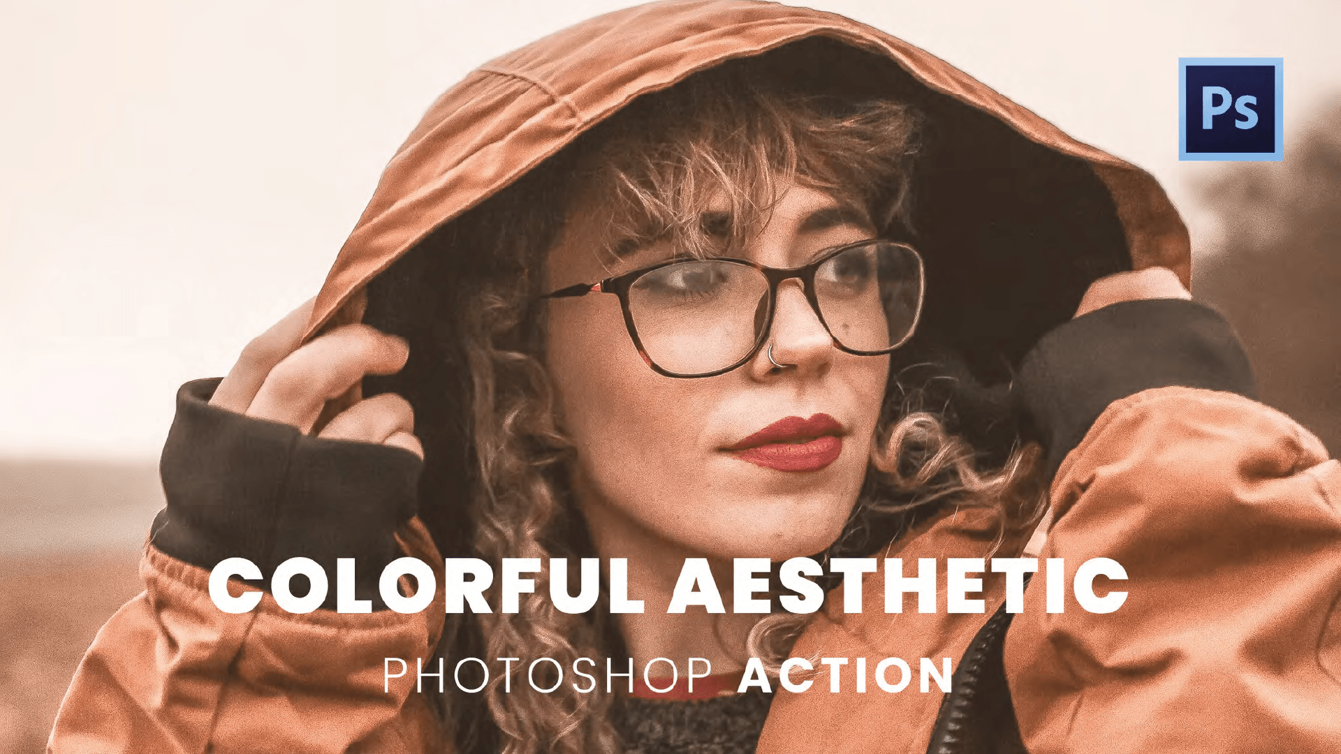Uma mulher usando óculos e uma jaqueta com capuz é uma ação estética colorida do photoshop.