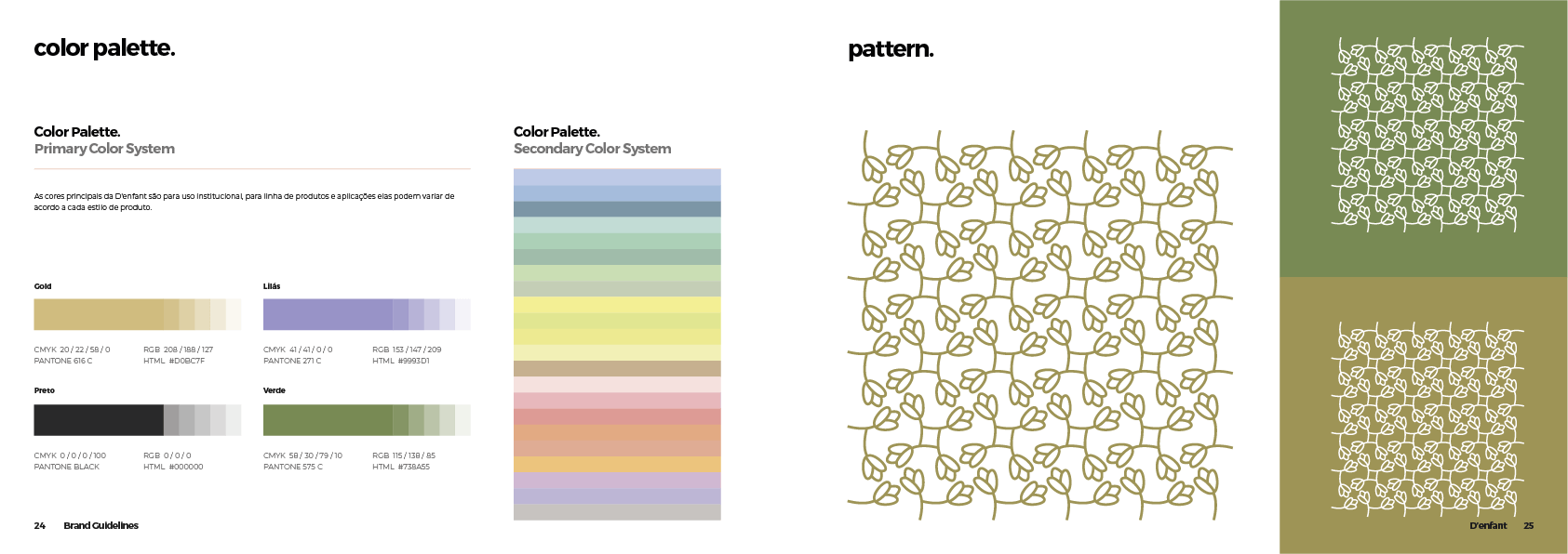 Paleta de cores e amostras de padrões para design. Inclui amostras de cores e quadrados padronizados em tons de verde, amarelo e roxo.