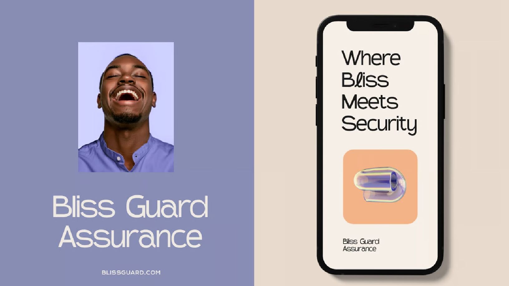 Um homem está rindo ao lado de um telefone que diz onde a felicidade encontra a segurança.