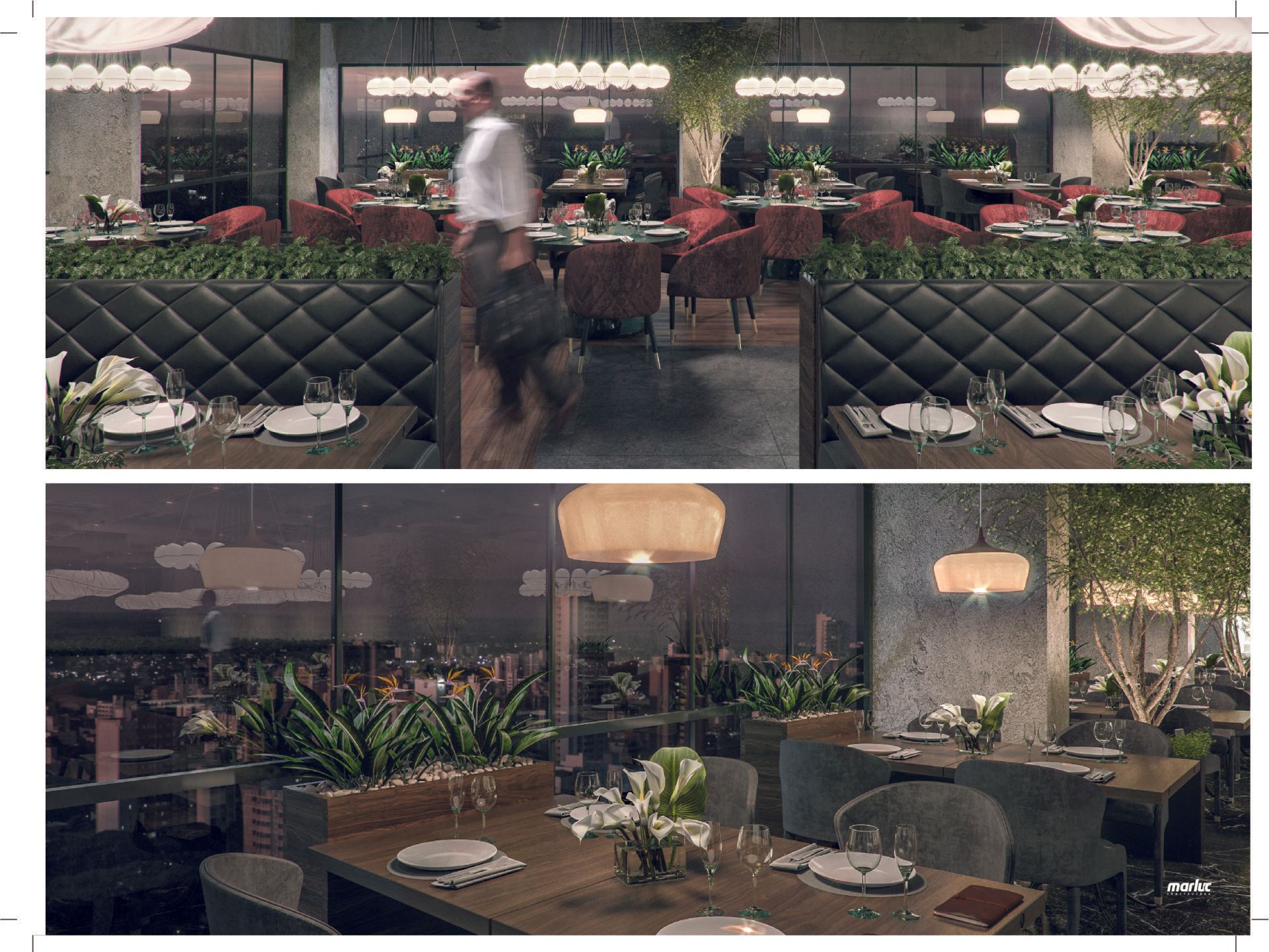 Algumas fotos de um restaurante com mesas e cadeiras