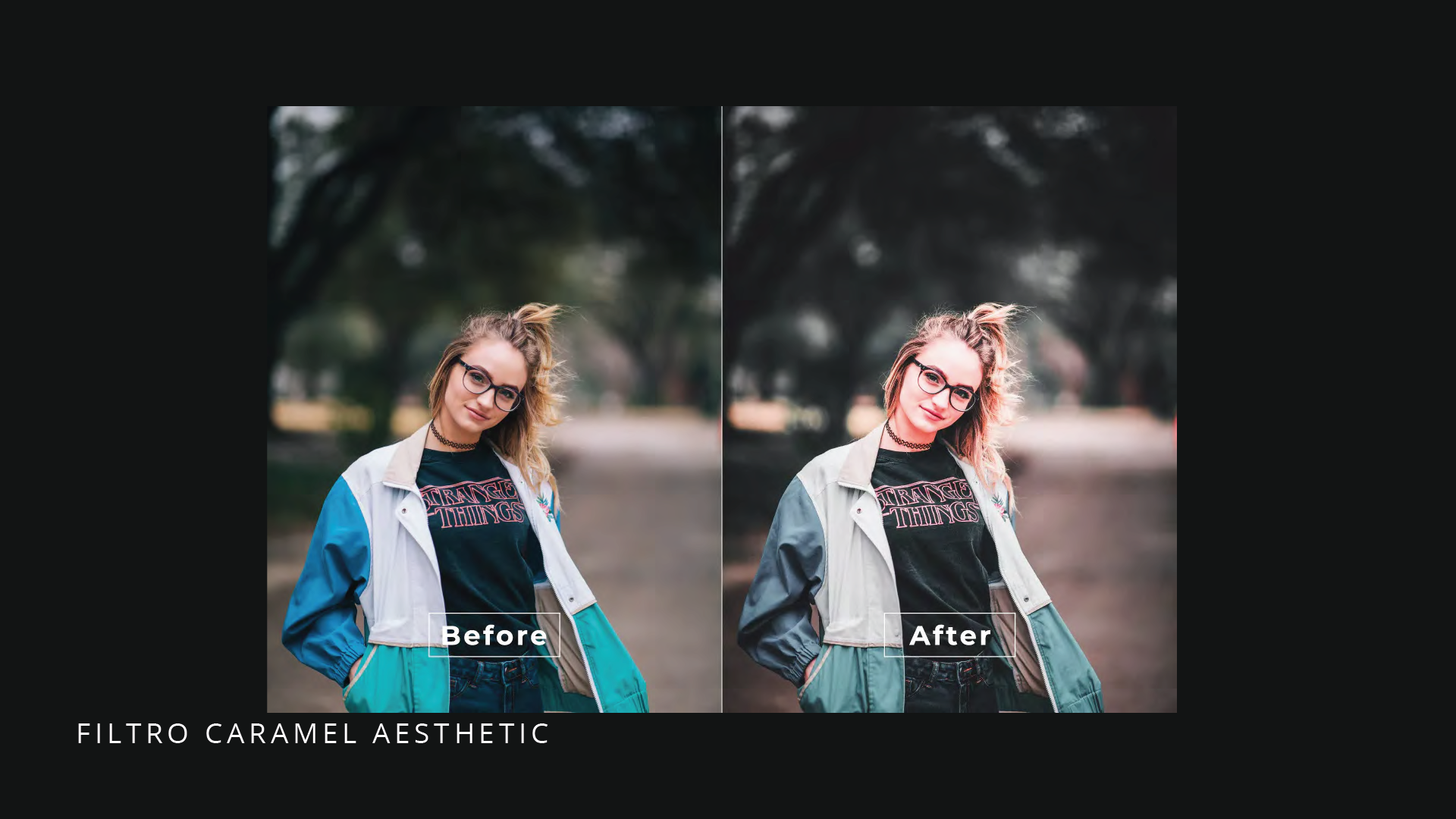 Uma foto de antes e depois de uma mulher em um parque.