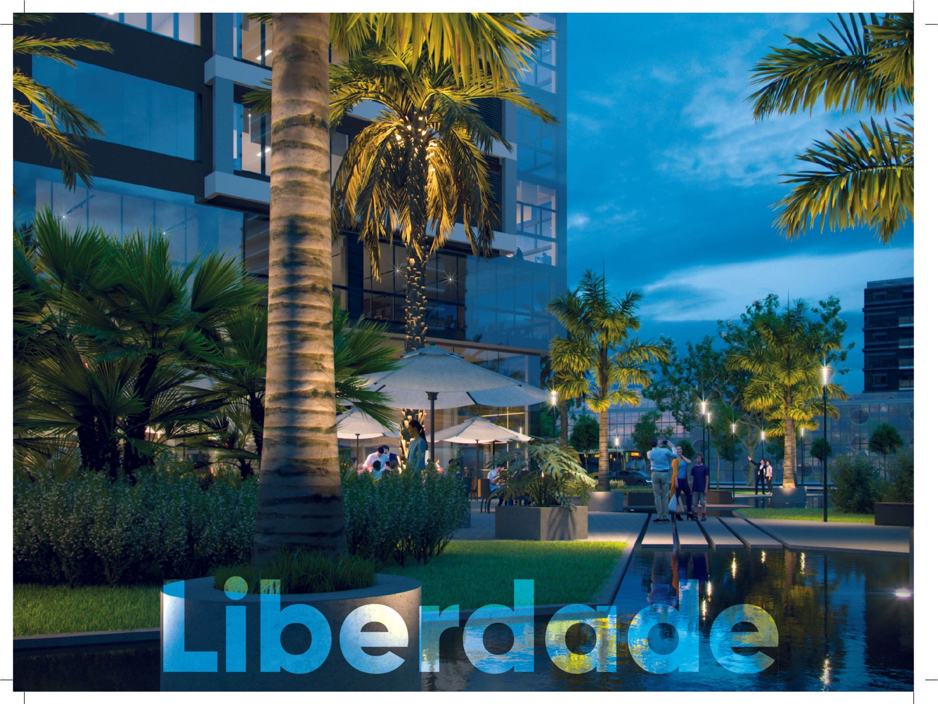 Impressão artística de um edifício com a palavra liberdade em primeiro plano