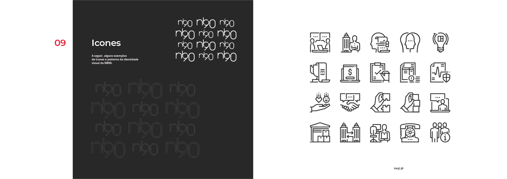 Um layout de página visual com tipografia em um fundo preto e uma coleção de ícones contornados.