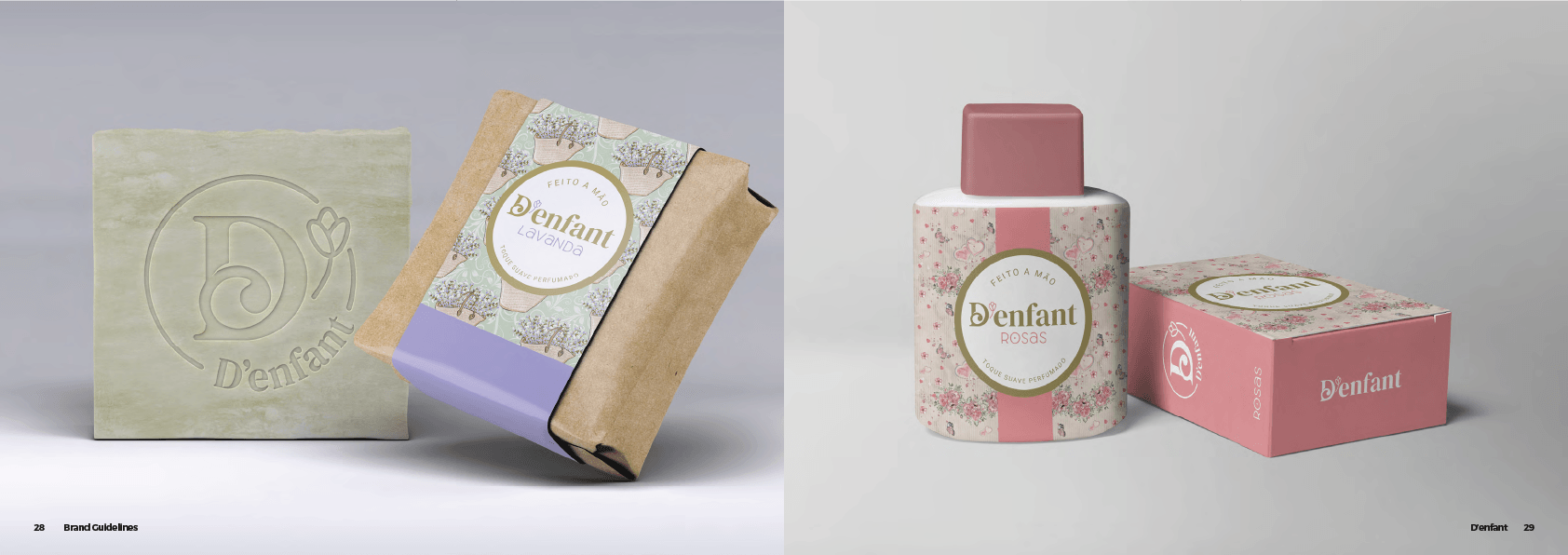 Dois modelos de produtos: um bloco de sabonete verde com letras em relevo e um produto de cuidados com a pele rosa embalado com uma caixa combinando.