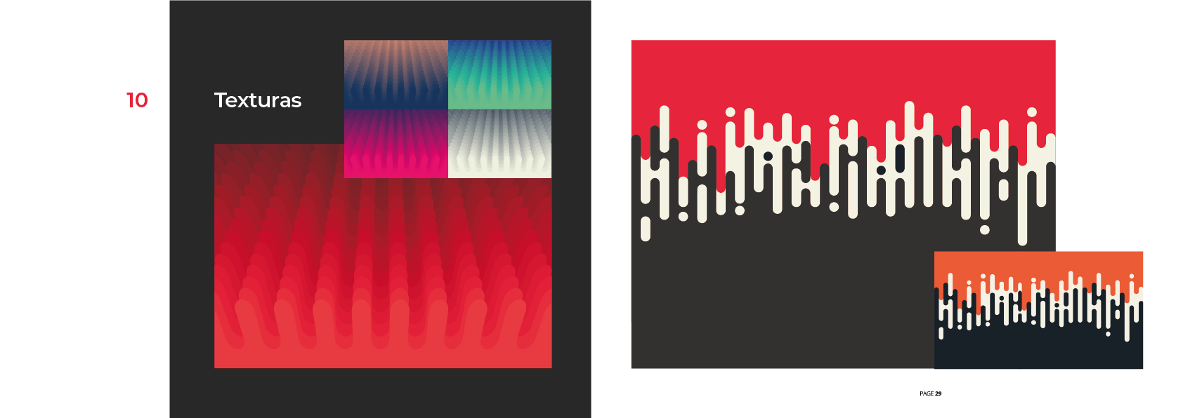 Página dupla com desenhos geométricos. A página da esquerda exibe um fundo gradiente vermelho e uma paleta de cores. A página da direita mostra um desenho vermelho e preto com linhas verticais brancas.