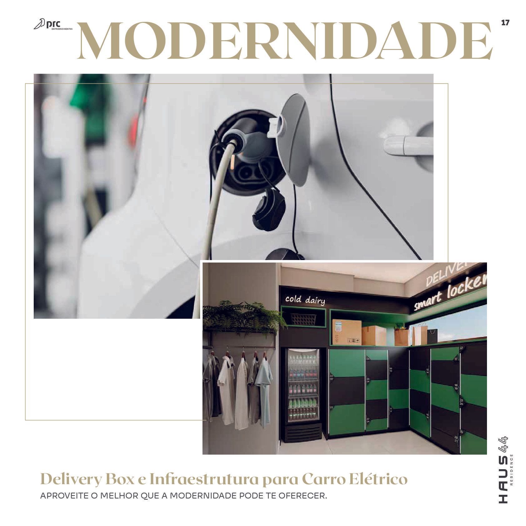 Acima: Carregamento de carros elétricos. Abaixo: Caixas de entrega e armários. Detalhe: Varal de roupas com plantas. Texto: