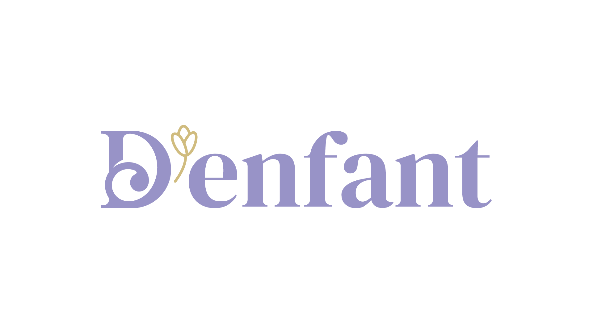 Logotipo da D'enfant, uma marca com texto em roxo e dourado. O