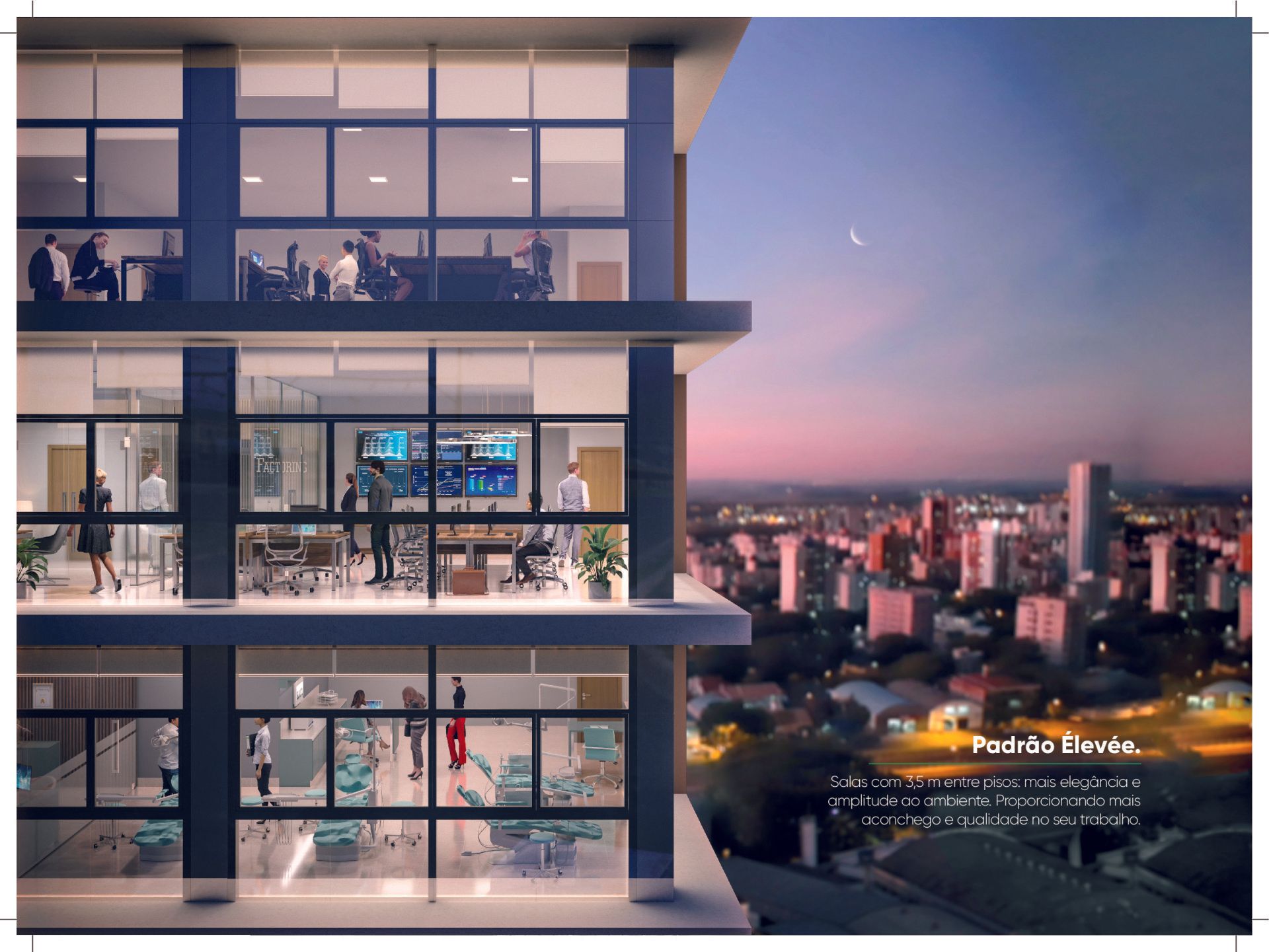 Impressão artística de um edifício com uma cidade ao fundo