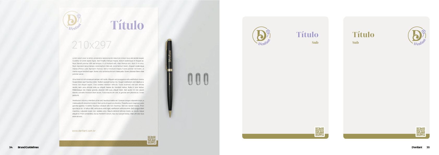 Modelo de design de papel timbrado com logotipo, texto e detalhes dourados em um fundo branco, com caneta e clipes de papel.