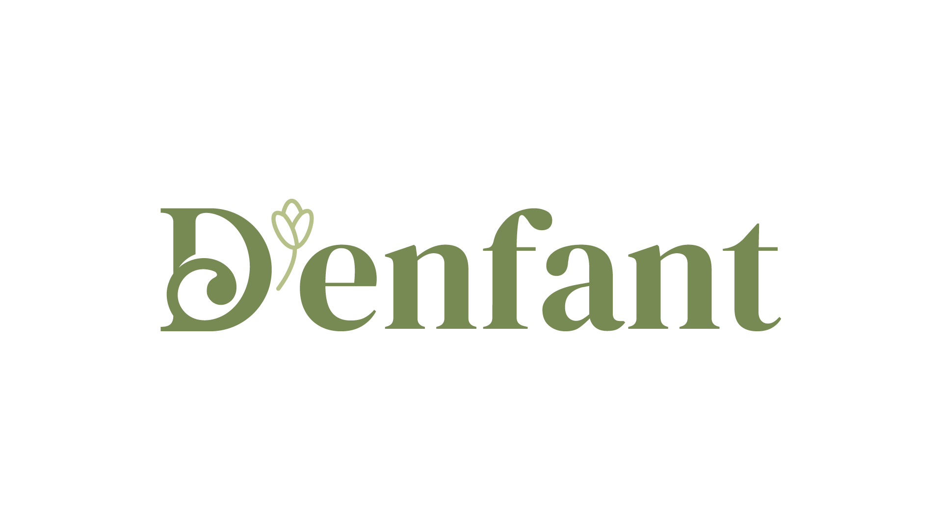 Logotipo da D'enfant em fonte serifada verde, com uma flor estilizada no D.