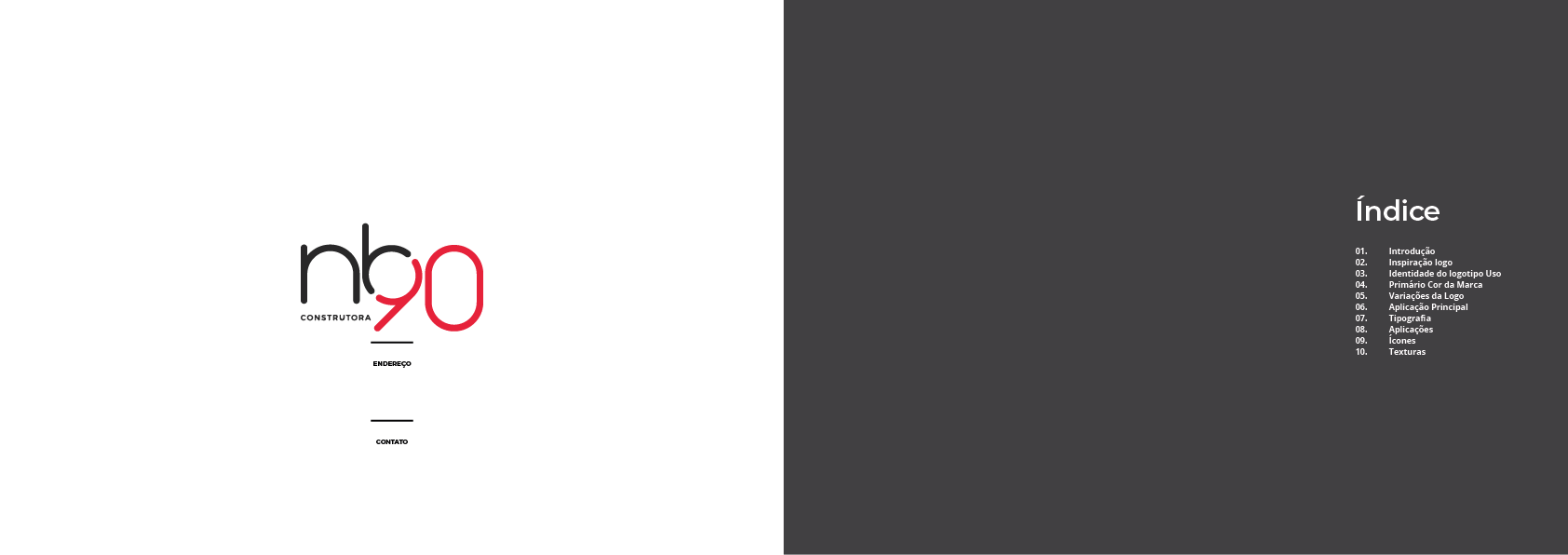 Uma página dupla. A página da esquerda apresenta um logotipo estilizado