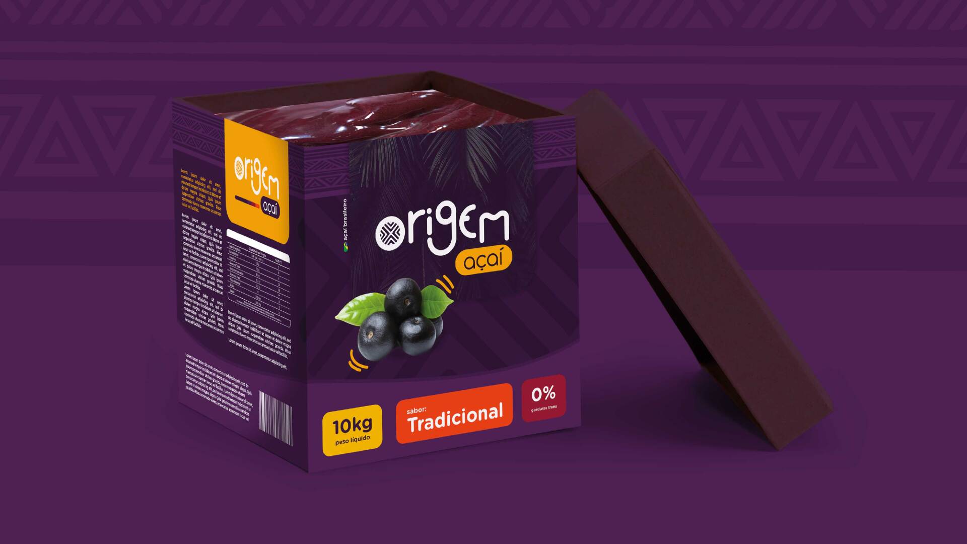 A box of açai with the lid open on a purple background.