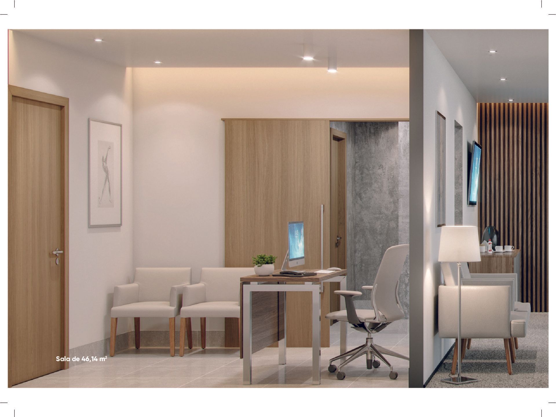 Impressão artística de uma sala de espera com uma mesa e cadeiras.