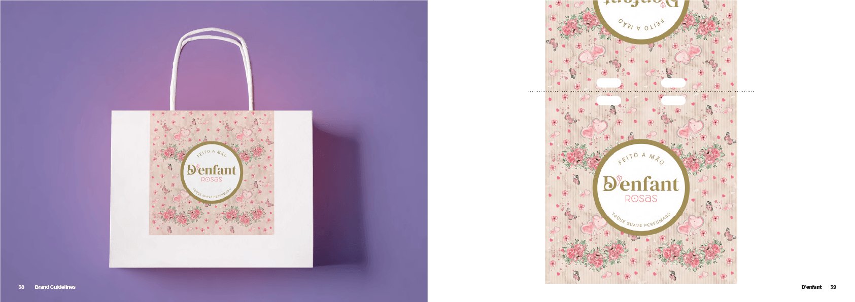 Uma sacola de compras branca com estampa floral rosa e um logotipo circular. O fundo é roxo.