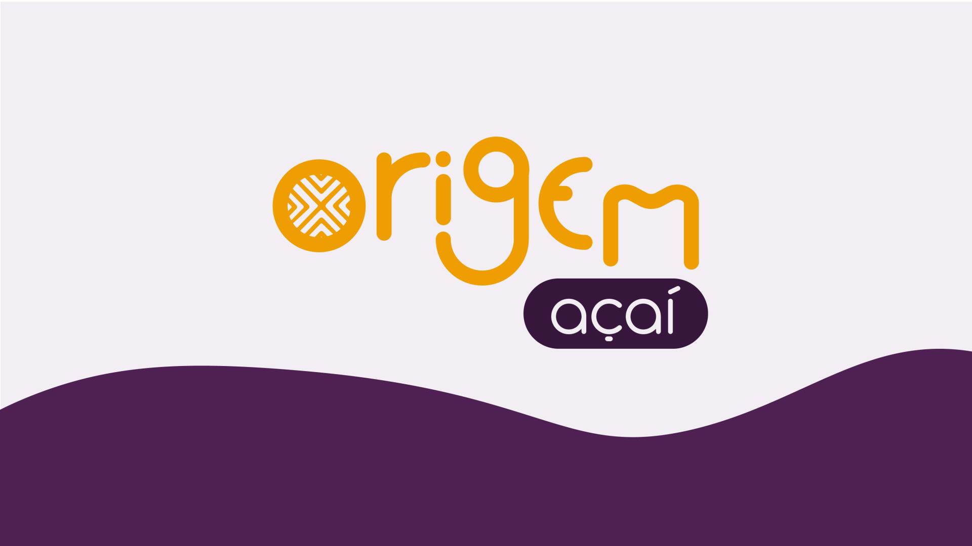 A logo for a company called origem acai with a purple wave in the background.