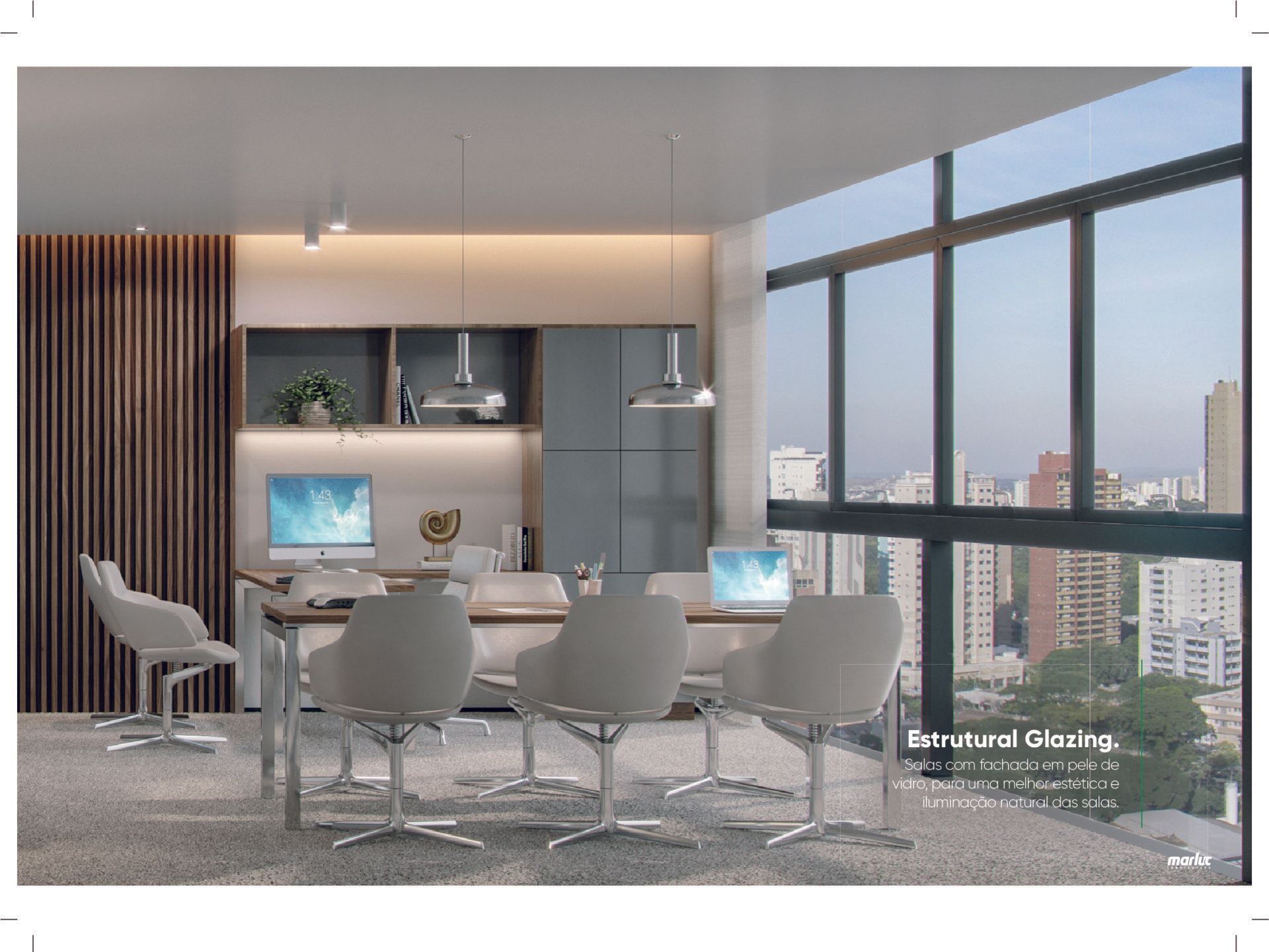 Impressão artística de uma sala de conferências com mesa e cadeiras.