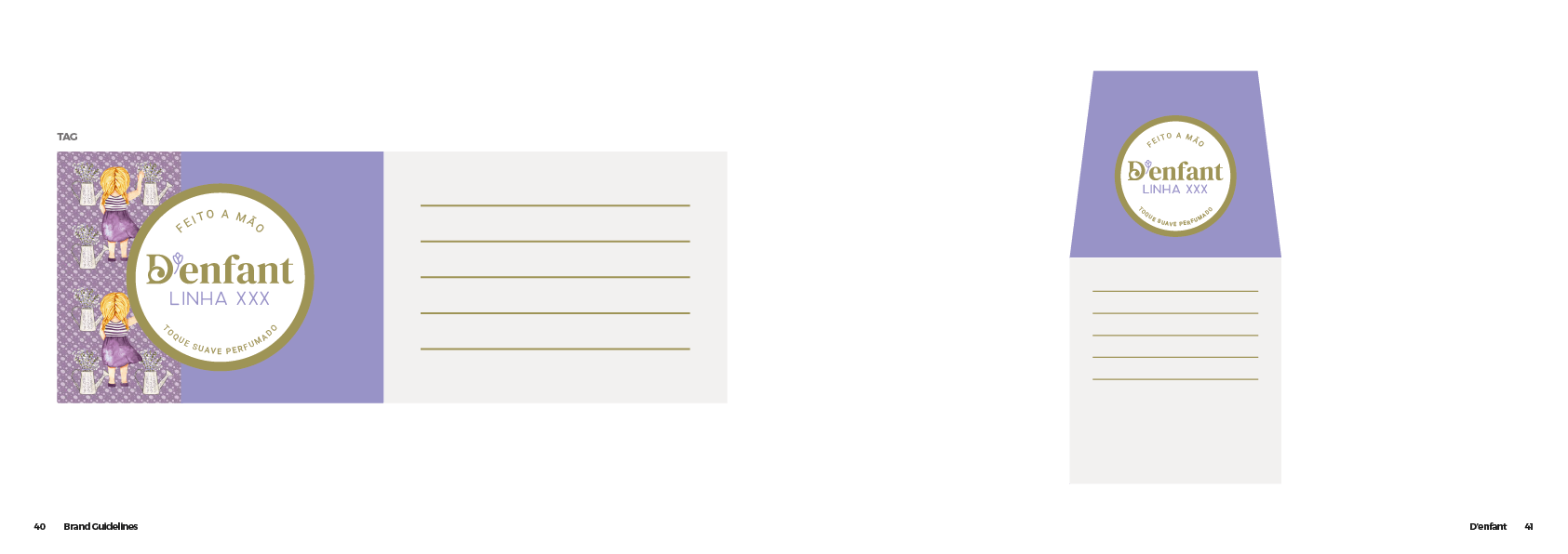 Dois cartões com um design lilás e dourado, provavelmente para uma criança. Um é horizontal, com três linhas para escrita. O outro é vertical.