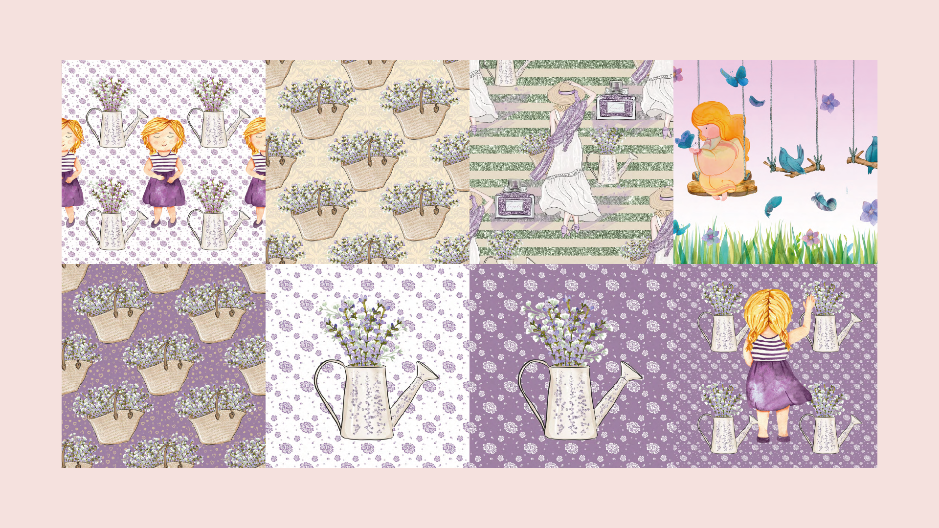 Oito ilustrações em aquarela com temas de lavanda. Inclui uma menina, vasos de flores e regadores.