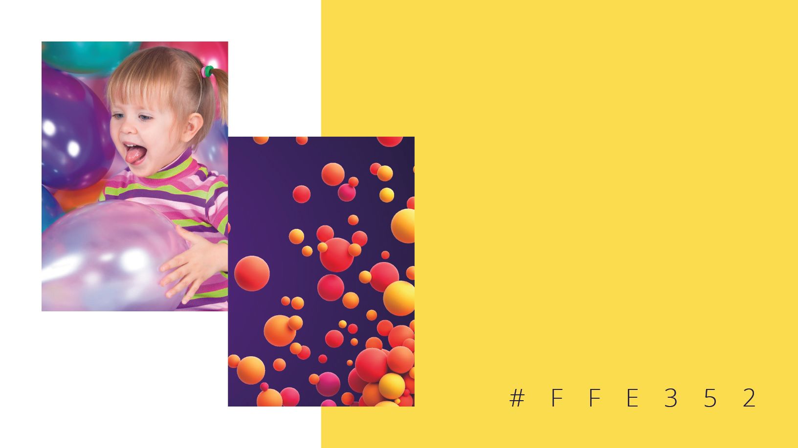 Criança com balões; orbes coloridos abstratos no centro; fundo amarelo brilhante.