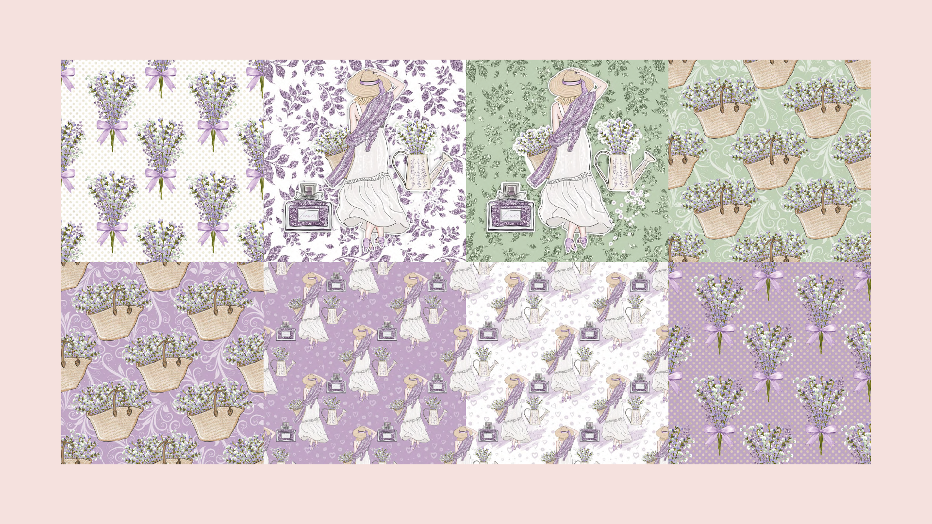 Vários padrões repetidos com tema de lavanda. Incluem buquês, plantas em vasos e uma menina com um buquê de lavanda, representados em várias cores.