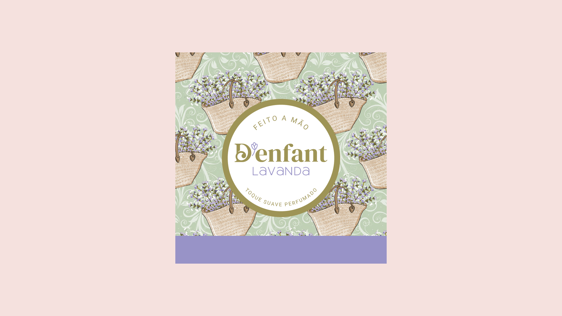 Rótulo para produtos D'enfant Lavandes. Apresenta um fundo ornamentado com um logotipo circular sobre uma barra roxa.