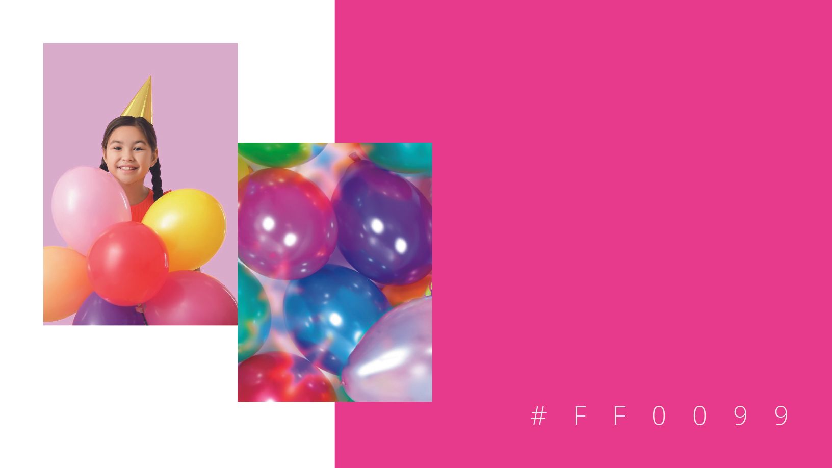 Garota com chapéu de festa segurando balões, em um fundo rosa com um close de um balão colorido.