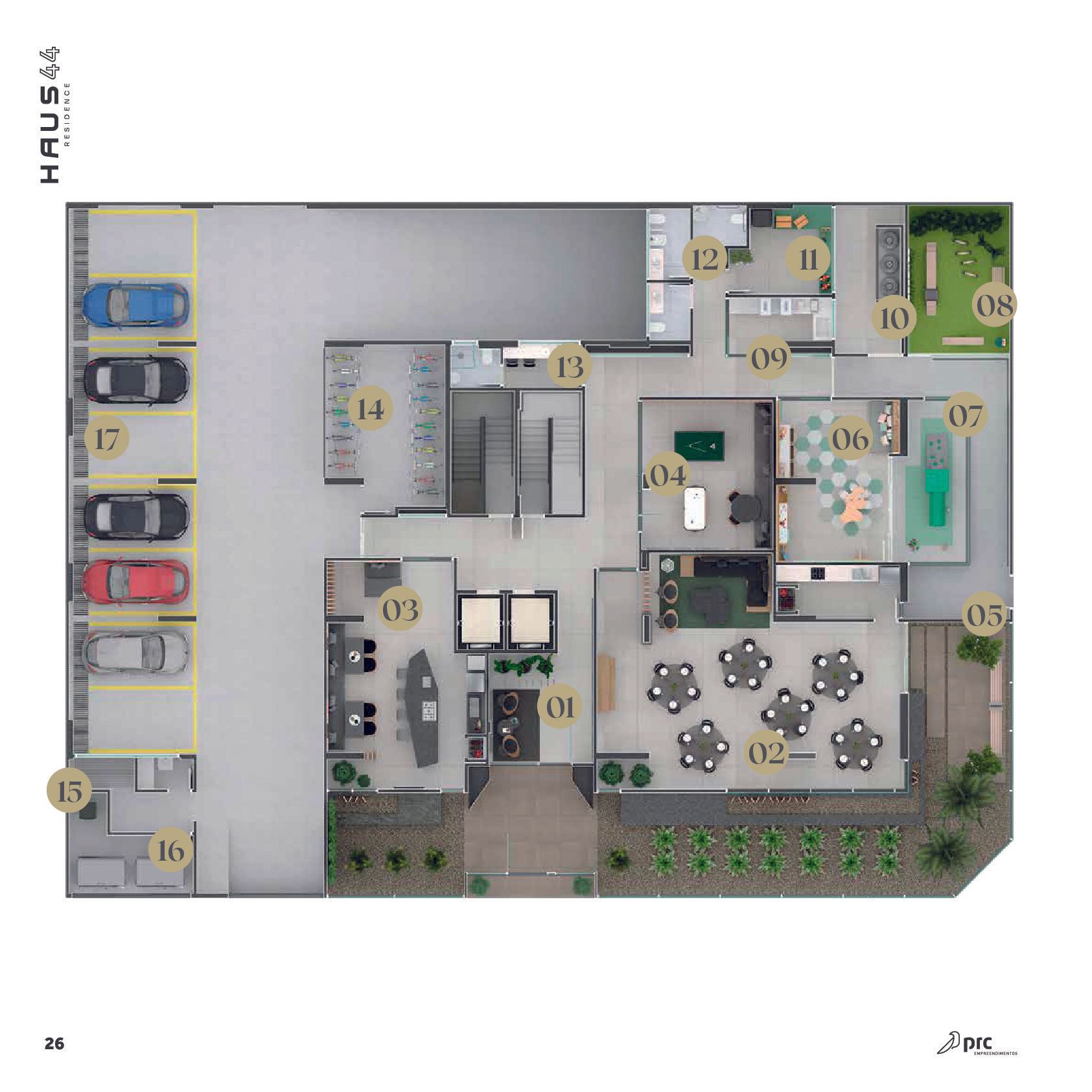 Planta baixa de um espaço comercial com seções numeradas, incluindo área de estacionamento, área de jantar, espaço para escritório e jardim externo.