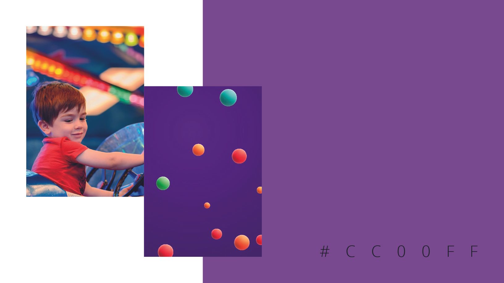 Menino em um brinquedo de parque de diversões, cores vibrantes. Fundo roxo com orbes flutuantes.