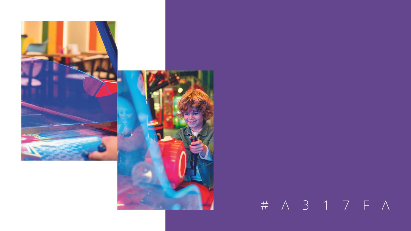 Um menino sorri enquanto segura um controle de videogame em um fliperama, cercado por luzes coloridas e máquinas.