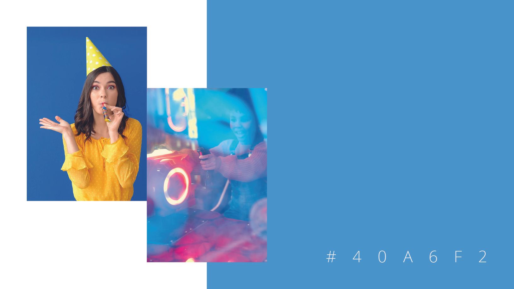 Mulher com chapéu de festa soprando um apito; close-up de donuts coloridos em uma vitrine, tudo contra um fundo azul.