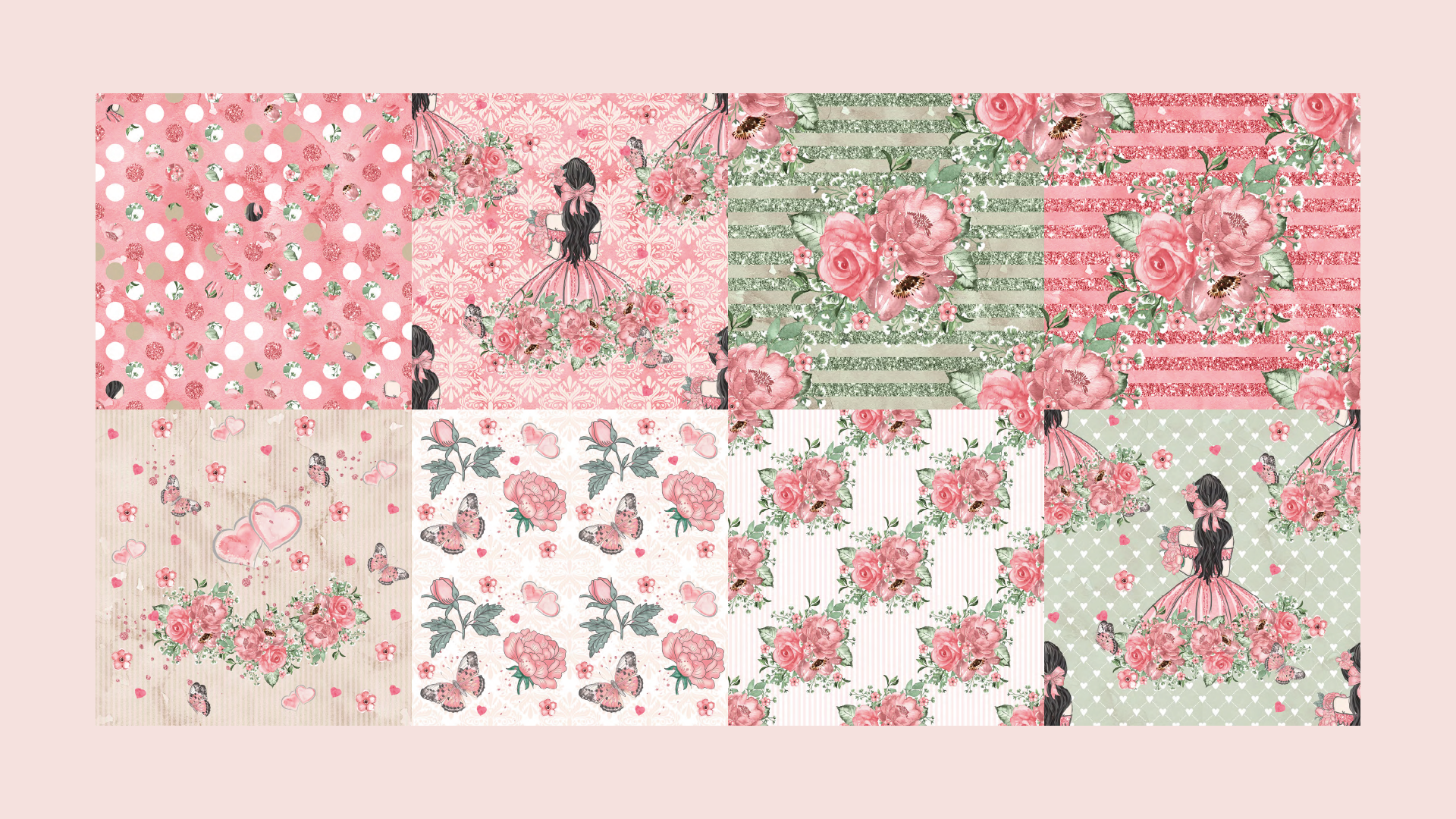 Oito papéis digitais estampados em rosa, verde e branco com motivos florais, de bolinhas e figuras.