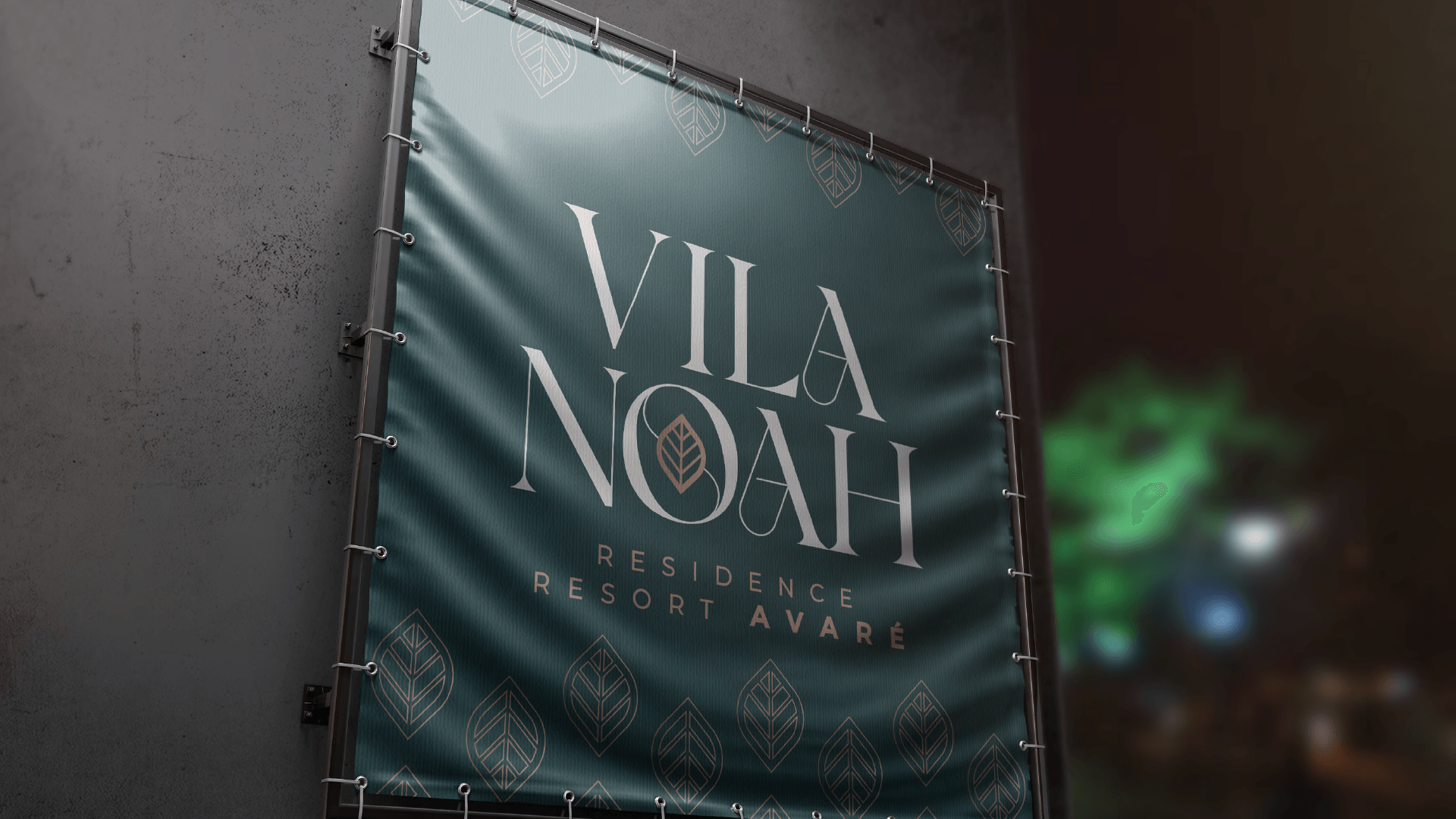 Banner para os condomínios Vila Noah. Fundo azul-petróleo com texto branco e desenho de folhas. Fixado em parede escura.