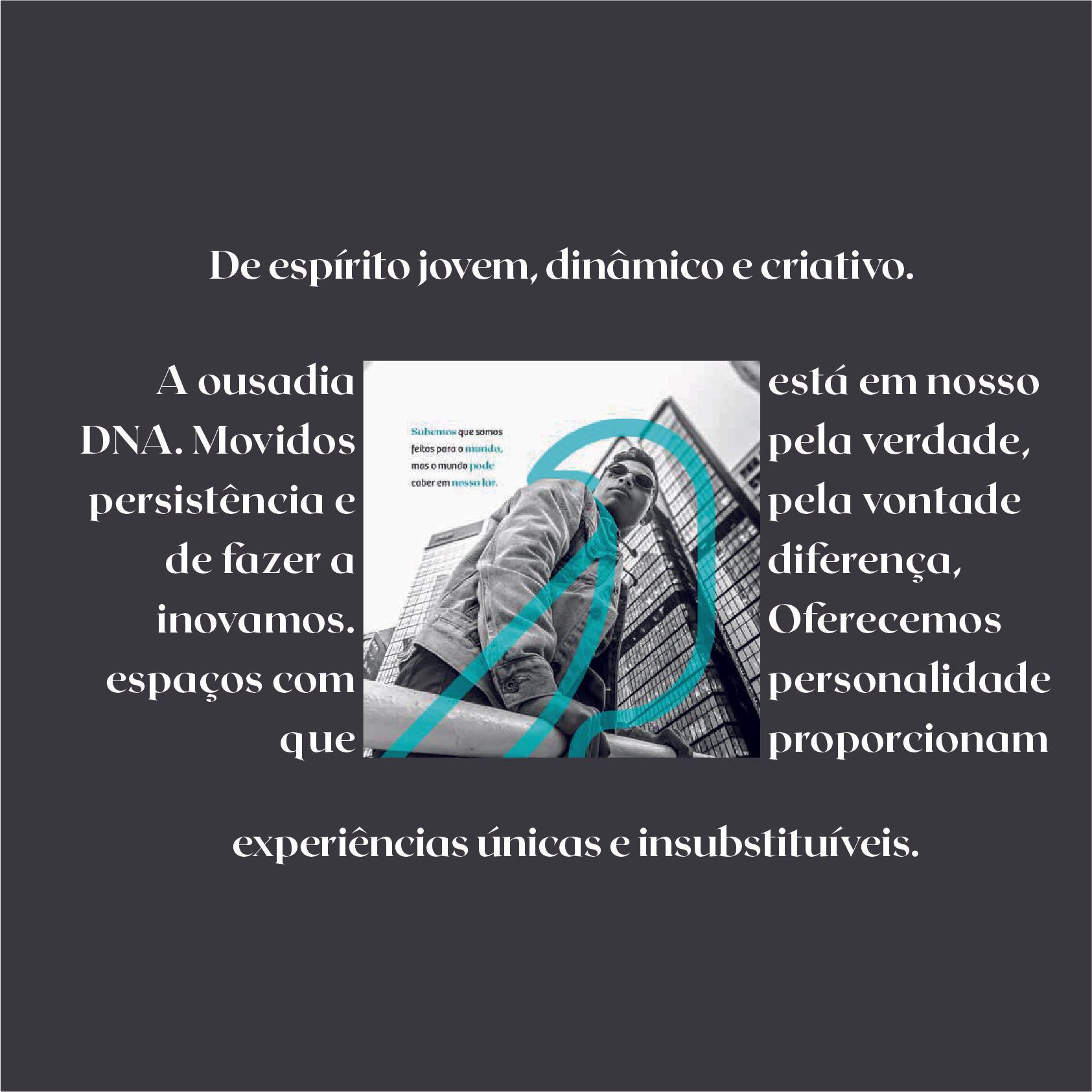 Sobreposição de texto em fundo cinza escuro com a foto de uma pessoa. O texto destaca