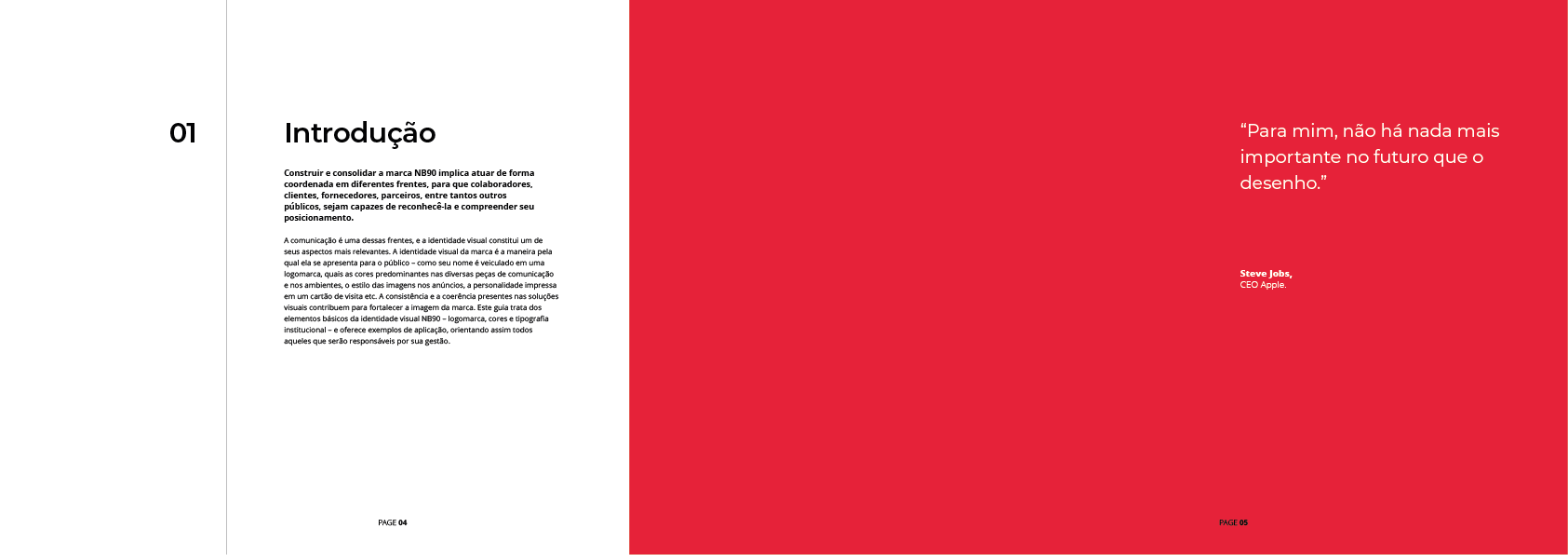 Página dupla: página esquerda branca com texto preto, página direita vermelha com texto branco.